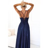 Numoco 589-2 Long dress with subtle shimmer and corset back tie - navy blue with glitter | shoptok.hr