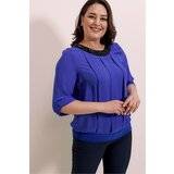 By Saygı Plus Size Chiffon Blouse Sax with Beads on the Collar and Pleats on the Front Cene