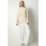Happiness İstanbul Women's Cream Knitted Pattern Stand Knitwear Sweater Cene