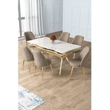 Hanah home trpezarijski set Prah, sto i 6 stolica, ploča u dekoru belog mermera, zlatne noge, kapućino tkanina Babyface | Eponuda.com