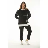 Şans Women's Plus Size Black Garni And Stitch Detail Hooded Sweatshirt Trousers Double Suit