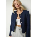 Happiness İstanbul Women's Navy Blue Buttoned Tweed Jacket