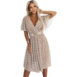 numoco basic 604-3 Sensual dress with white polka dots, a wrap neckline and a decorative belt - beige | ePonuda.com