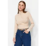 Trendyol Stone Gathered Detail High Neck Snaps Elastic Knitted Bodysuit