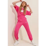 Trend Alaçatı Stili Women's Dark Pink W Printed Tracksuit Set
