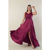 By Saygı V-Neck Plus Size Satin Dress with Thick Straps and Beaded Lined Waist cene