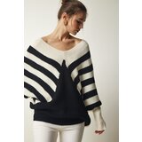 Happiness İstanbul Women's Cream Black Striped Bat Sleeve Knitwear Sweater Cene