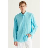 AC&Co / Altınyıldız Classics Men's Turquoise Tailored Slim Fit Oxford Buttoned Collar Linen-Looking 100% Cotton Flared Shirt. Cene