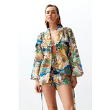 Trendyol Tropical Patterned Belted Woven 100% Cotton Kimono Shorts Set
