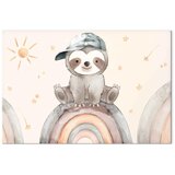  Slika - Happy Sloth - Sloth in Subdued Colors Wearing a Cap Sitting on a Rainbow Among Little Stars 90x60 Na talijanskom platnu | shoptok.hr