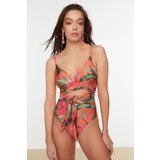 Trendyol Orange Floral Pattern Waist Tie Detailed Swimsuit Cene