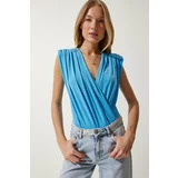 Happiness İstanbul Women's Sky Blue Wrapover Neck Waistband Snap Knitted Blouse