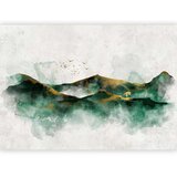  Foto tapeta - Abstract landscape - green mountains with golden patterns and birds 200x140 Vodootporna | shoptok.hr