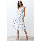Trendyol White Belted Floral Pattern A-Line Double Breasted Neck Midi Woven Midi Dress Cene