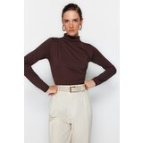 Trendyol Brown Smocking Detailed Stand Collar With Snap fastener, Flexible Knitted Body Cene