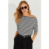 Cool & Sexy Women's Black and White Bateau Neck Striped Blouse