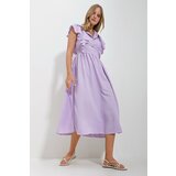 Trend Alaçatı Stili Women's Lilac Shirt Collar Half Pop Ruffle Detail Hidden Zipper Midi Length Dress cene