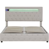Lumor Postelja s predalom 140x200 cm iz lanu – z LED + USB priključki + Bluetooth predvajalnik – letveno dno – bež, (22150911) | Shoptok.si