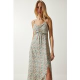 Happiness İstanbul Women's Cream Green Strappy Patterned Viscose Dress cene