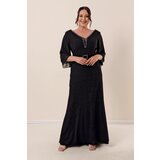 By Saygı Front Back V-Neck Chiffon Sleeves Lined Buckle Plus Size Glittery Long Dress