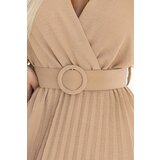 numoco basic 607-2 LYRA pleated midi dress with envelope neckline and wide belt - caramel | Shoptok.si