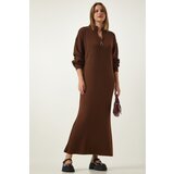 Happiness İstanbul Women's Brown Zipper Collar Ribbed Long Knitwear Dress Cene