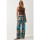 Happiness İstanbul Women's Turquoise Patterned Raw Linen Palazzo Trousers cene
