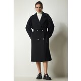  Women's Black Double Breasted Neck Belted Oversize Cachet Coat | Eponuda.ba