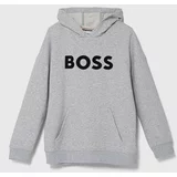 Boss Otroški pulover siva barva, s kapuco