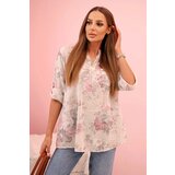 Kesi Włoski Women's cotton shirt with floral pattern and rolled-up sleeves beige Cijene