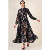 Bigdart 2144 Black Patterned Big Collar Hijab Dress