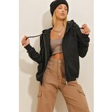 Trend Alaçatı Stili Women's Black Hoodie with Kangaroo Pocket and Zippered Sharding Sweatshirt Cene