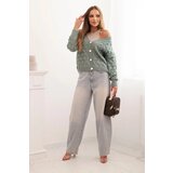 Kesi Włoski Women's openwork sweater with a V-neck and golden buttons dark mint | shoptok.hr