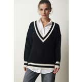 Happiness İstanbul Women's Black V-Neck Stripe Detailed Oversize Knitwear Sweater Cene