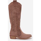 Boto Perforated Women's Knee-high Block Heeled Boots Beige Fioris | shoptok.hr
