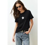 Trendyol Black 100% Cotton Star Printed Regular/Regular Fit Crew Neck Knitted T-Shirt Cene