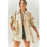 Olalook Women's Beige Belted Short Trench Coat Without Lining