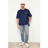 Trendyol Navy Blue Men's Oversize/Wide Cut Crew Neck Short Sleeve Embroidered 100% Cotton T-Shirt Cene