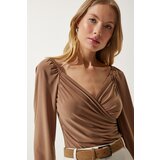  Women's Dark Beige Elastic Balloon Sleeve Sandy Knitted Blouse | Shoptok.si