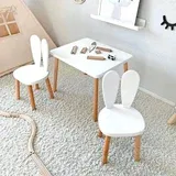 Kinder Home dečiji drveni sto sa 2 stolice bunny, učenje, crtanje, igranje, set za jelo, za dečiju sobu, beli