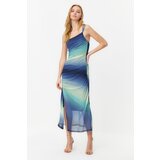 Trendyol Blue Gradient Gradient Fitted Gathered Maxi Stretchy Knitted Dress Cene