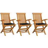 3 Vrtne stolice s crnim jastucima 3 kom od masivne tikovine | shoptok.hr