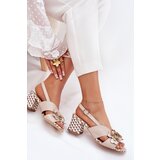 Laura Messi Leather Women's Heeled Sandals With Flowers Beige 2950 | Shoptok.si