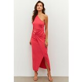 Cool & Sexy Women's Coral One-Shoulder Buckle Maxi Dress cene