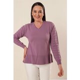 By Saygı V-Neck Lilac Acrylic Sweater with Sleeves Patterned Plus Size Acrylic Sweater with slits in the sides. Cene