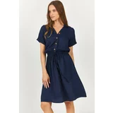 armonika Women's Navy Blue Short Sleeve Shirt Dress with Elastic Waist