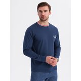 Ombre Men's cotton longsleeve with striped U neckline and embroidery - dark blue | ePonuda.com