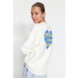 Trendyol Thick Ecru with Fleece Inside. Embossed Chest and Back Print Oversized Knitted Sweatshirt Cene