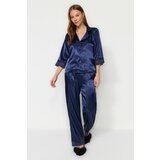 Trendyol Navy Blue Satin Lace Detailed Shirt-Pants Woven Pajamas Set Cene