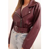 Kesi Włoski Women's short jacket made of eco-leather with a belt and collar burgundy | ePonuda.com